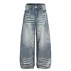Jeans Rasgado Americano Retrô com Textura de Bambu Lavada para Homens e Mulheres, Solto, Versátil, Piquet, Bonito, Calça Longa, Pronta Entrega, Dropshipping