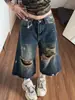 Pantalones Cortos de Mezclilla Rasgados Retro de Moda para Mujer, Nuevo Estilo Verano 2026, Pantalones Cortos Sueltos Vintage de Pierna Ancha
