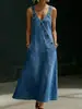 Vestido jeans estilo europeu e americano, vestido longo de verão liso com botões diagonais e alças largas, vestuário feminino transfronteiriço da Amazon