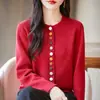 Estilo Novo Primavera 2026 Transfronteiriço Algodão Puro Gola Redonda Tricô Estilo Coreano Cardigã Manga Longa Feminino Cor Sólida Botão Solto Top