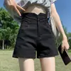 Shorts de Mezclilla Elásticos Negros para Mujer, Primavera y Otoño, Tallas Grandes, para Mujeres Curvilíneas, con Cierre de Botón, Control de Abdomen, Cintura Súper Alta, Pierna Ancha, Estilo Línea A, Hot Pants