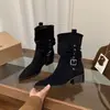 Botas Martin de ante con punta fina y tacón alto adelgazantes para mujer 2026 Otoño Invierno Botas vaqueras occidentales de media caña Botas cortas de tacón apilado