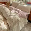 Todo Algodão Estilo Princesa Renda Grande Conjunto de Quatro Peças ins Fresco Algodão Puro Estilo Coreano Romântico Roupa de Cama Lençol Capa de Edredom Quarto Conjunto de Três Peças 4