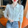 Roupas de Outono 2026 Nova Camisa de Algodão Puro Bordada em Jacquard para Mulheres, Camisa Feminina 100% Algodão, Blusa Fina Elegante de Manga Longa