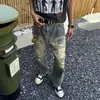 Jeans Masculino Vintage Americano Desgastado Lavagem Suja Rasgado High Street Canalha Design Bonito Corte Faca Patchwork Manchas Micro Flare Calça Longa Tendência
