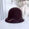 Sombrero de Pescador Ondulado con Perlas y Cristales Cosido a Mano para Mujer, Sombrero de Fieltro de Lana Australiana para Otoño e Invierno, Sombrero de Moda Versátil