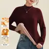 Camiseta base de cuello medio alto para mujer, mezcla de lana, cálida, de manga larga, de alta gama, color liso, cortavientos, top con forro polar