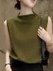 Linda Camiseta de Verão 2026 para Mulheres, Design Novo, Cor Verde Oliva, Tricô, Gola Meia-Alta, Sem Mangas, Top Soltinho e Emagrecedor
