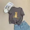Camiseta de tecido macio e amigável à pele, de manga curta, com estampa de gato feita à mão, adequada para usar como peça íntima ou externa no outono e inverno, versátil e modeladora, estilo novo