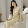 Cardigan de pijama de duas peças para casa feminina, manga longa e calça longa, gola V, cor sólida, algodão jacquard elástico dupla face