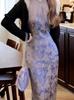 Vestido Morado Estampado de Alta Gama de Estilo Chino Nuevo para Mujer 2025 Verano Nuevo Estilo Chino Halter Cheongsam Falda Larga