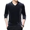 Camisa Base Masculina Outono e Inverno Moda Clássica Veludo Manga Longa, Camiseta Casual Tendência Slim Fit Lã Gola V para Jovens