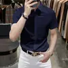 Camisa casual de manga corta azul de alta gama sin planchado, con caída, para hombre, corte slim, tacto premium, elástica, sin costuras, camisa de negocios de seda helada