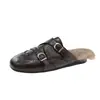 Mocasines de algodón slip-on 2026 para mujer, zapatos de moda para exteriores de otoño e invierno con suela plana peluda y correa con hebilla retro