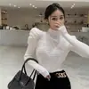 Camiseta Base de Punto para Mujer con Cuello Semi-Alto y Mangas Abullonadas 2026 Otoño/Invierno Diseño Único Jersey Elástico Adelgazante Top de Moda