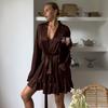Pijama de Verano para Mujer 2026 con Volantes, Holgado y Cómodo, Bata Marrón de Satén de Seda Helada, Ropa de Casa Femenina Transfronteriza de Ins