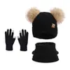 Nuevo Conjunto de Invierno para Niños de Tres Piezas: Gorro de Punto con Bola de Pelo, Guantes y Bufanda para Niños y Niñas, Traje Térmico Forrado de Felpa