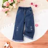 Pantalones Vaqueros de Pierna Ancha con Bordados y Flecos para Niñas Fuente Directa de Fábrica Comercio Exterior Suministro Transfronterizo Pantalones Largos de Mezclilla para Niños Precio al por Mayor