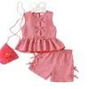 Conjunto de Duas Peças Moda Verão Europeu e Americano Novo Elegante Xadrez Vermelho com Laço para Meninas Roupas Infantis