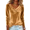 Site Independente Amazon Transfronteiriço Europeu e Americano Moda Feminina 2025 Nova T-shirt Sexy de Veludo de Cor Sólida com Gola Drapeada e Manga Longa