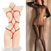 Body para Mujer con Abertura en la Entrepierna, No Necesita Quitarse, Lencería Erótica Transparente de Manga Larga, Body Bondage Rojo con Cuerda Sm, Conjunto de Malla, No Necesita Quitarse