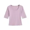 Camiseta Básica Feminina Estilo Coreano Slim-Fit Lisa Picante para o Verão 2026 com Decote em U Baixo, Suéter Pulôver Patchwork de Manga Média, Top de Cor Sólida