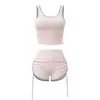 Nuevo conjunto de yoga con top de tirantes finos, pantalones capri de alta intensidad, conjunto deportivo para correr de ajuste ceñido con cordón y bloques de color