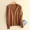 Chaqueta cárdigan de color liso para mujer, prenda exterior tejida, cuello en V corto, suéter casual para primavera y otoño, top holgado negro de manga larga, moderno
