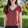 Blusa de Linho com Babados e Decote V para Mulheres, Solta, Respirável, Emagrecedora, Versátil, Camiseta Artística de Algodão e Linho de Manga Curta para Mulheres