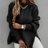 Suéter de Tricô Grosso com Gola Alta Meia-Calça, Cor Lisa, Manga Longa, Fenda Lateral, Modelo Soltinho, Novo para Outono e Inverno 2024, Transfronteiriço, Amazon, para Mulheres
