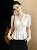 Camisa Blanca de Manga Corta con Cuello en V para Mujer Tallas Grandes, Nuevo Estilo de Verano con Lazos en la Espalda, Ceñida a la Cintura, Adelgazante y Favorecedora de la Figura, Blusa Ligera