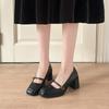Versión de piel de oveja ~ Zapatos de tacón grueso de punta cuadrada francesa de boca baja para mujer, nuevos de principios de otoño, retro, de tacón alto con zapatos Mary Jane