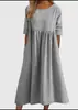 Vestido Casual de Verão 2025 para Estação Independente da Amazon, Novo, Algodão e Linho, Manga Curta, Bolso, Pregueado, Solto, Gola Redonda