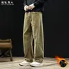 Calça Casual de Sarja Pesada 320g 100% Algodão com Barra Curva Masculina Outono Inverno Cáqui Solta de Perna Reta Tamanho Grande Calça Longa