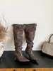 Botas longas femininas de salto alto fino com bico fino, botas longas acima do joelho com fivela de cinto, botas com salto bloco, novas botas de cano alto 2026