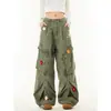 Jeans Retro Americano Multibolsillos Pantalones de Trabajo Rectos Unisex Modernos Sueltos Bordado Floral Pantalones Paracaídas