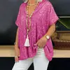 Verano Europeo y Americano Amazon Manga Corta Casual Moda 2024 Nuevo Cuello en V Jersey Lentejuelas Top Camiseta Suelta para Mujer