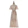 Vestido largo de encaje con tachuelas de alta resistencia, marca Z, exclusivo para ventas transfronterizas, con cuello alto, mangas cortas, corte ajustado y vestido largo de seda y lino.