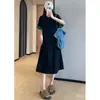 Vestido T-shirt Casual Color Block Emagrecedor de Manga Curta para Mulheres Baixas, Vestido de Comprimento Médio 26 Novo Z0513L