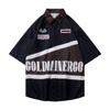 Camisa de Manga Corta Unisex Estilo Chino Parche de Letra Americana Color Block Retro Urbano Ins Suelta Oversized