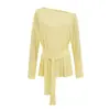 25061-2025 Novo Estilo Puro Desejo Casual Top Assimétrico Decote Feminino Sexy Amarração Emagrecedor Manga Longa Camiseta Camisa Base