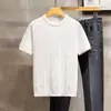 Nova Camiseta Tricot Masculina Manga Curta Suéter Masculino Slim-Fit Manga Meia Jacquard Tendência Estilo Coreano Cor Lisa Gola Redonda Camiseta