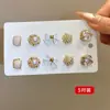 Brincos de Tarraxa Flor Laço Pérola Óleo Gotejante Agulha de Prata Conjunto de Dez Peças Design Moderno para o Dia a Dia Acessórios de Brinco de Nicho para Mulheres