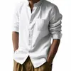 2026 Amazon Transfronterizo Primavera y Otoño Camisa de Lino Manga Larga Cuello Alto Transpirable Casual Nuevo Estilo Chino Camisa de Bolsillo para Hombre