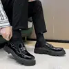 Zapatos Casuales de Piel para Hombre, Verano Transpirables Modernos Estilo Británico Slip-On Suela Gruesa que Aumenta la Altura Punta Redonda Negro Versátiles Brillantes Zapatos de Hombre
