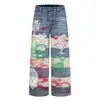 Jeans de Mezclilla Desgastados con Graffiti de Color Contrastante para Hombre Hip Hop Tendencia Punk Lavados Usados Sueltos Pierna Ancha Pierna Recta Pantalones Largos