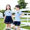 Roupa de Jardim de Infância Conjunto de Manga Curta Estilo Britânico Infantil Infantil Infantil Infantil Uniforme Escolar para Meninos e Meninas Conjunto Azul de Duas Peças