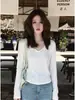 Camiseta de Manga Longa com Botões, Gola Meio Aberta, Listrada, Estilo Coreano, para Mulheres, Outono/Inverno/Primavera, Ombro Normal, Camada Base Emagrecedora, Top Estilo Office