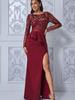 Vestuário feminino europeu e americano transfronteiriço nova cintura babada manga comprida lantejoulas transparentes Sexy Slim vestido de comprimento dividido