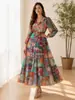 2026 Nuevo Vestido de Gasa Estampado de Manga Larga con Cuello en V de Estilo Europeo y Americano, Vestido Largo de Moda Transfronterizo para Mujer